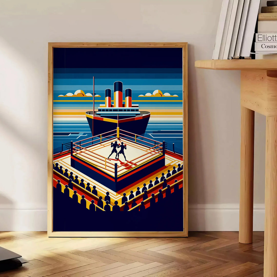 A boxing match taking place on the Titanic, featuring dynamic movement and shades of brown and blue - beside a round wooden side table with books