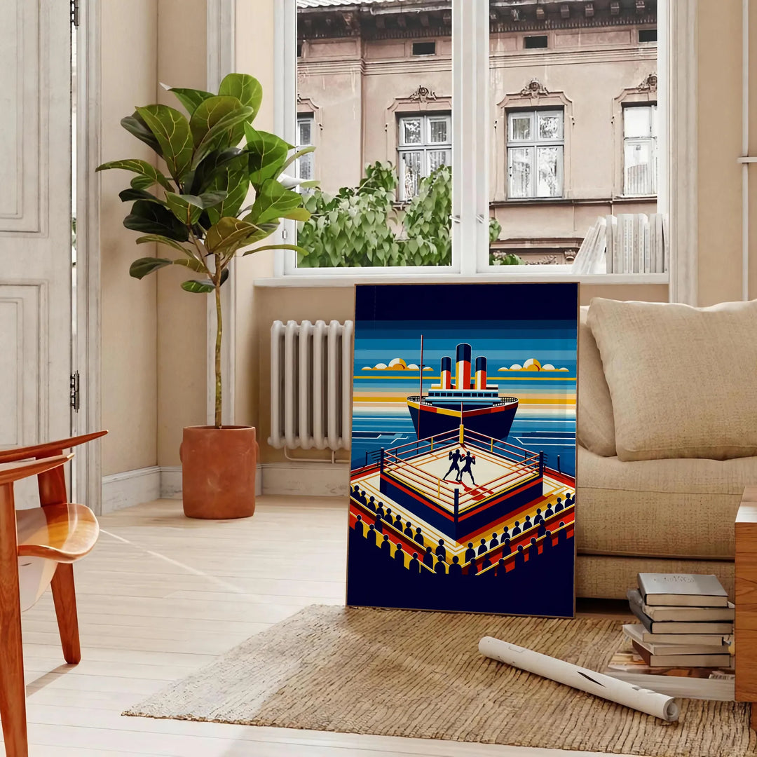 A boxing match taking place on the Titanic, featuring dynamic movement and shades of brown and blue - in a Parisian living room with a sofa and a fig plant