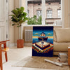 A boxing match taking place on the Titanic, featuring dynamic movement and shades of brown and blue - in a Parisian living room with a sofa and a fig plant