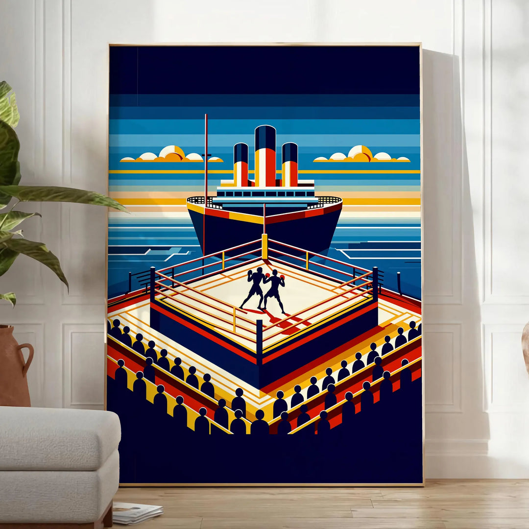 A boxing match taking place on the Titanic, featuring dynamic movement and shades of brown and blue - in a bright minimalist room with a plant and an armchair