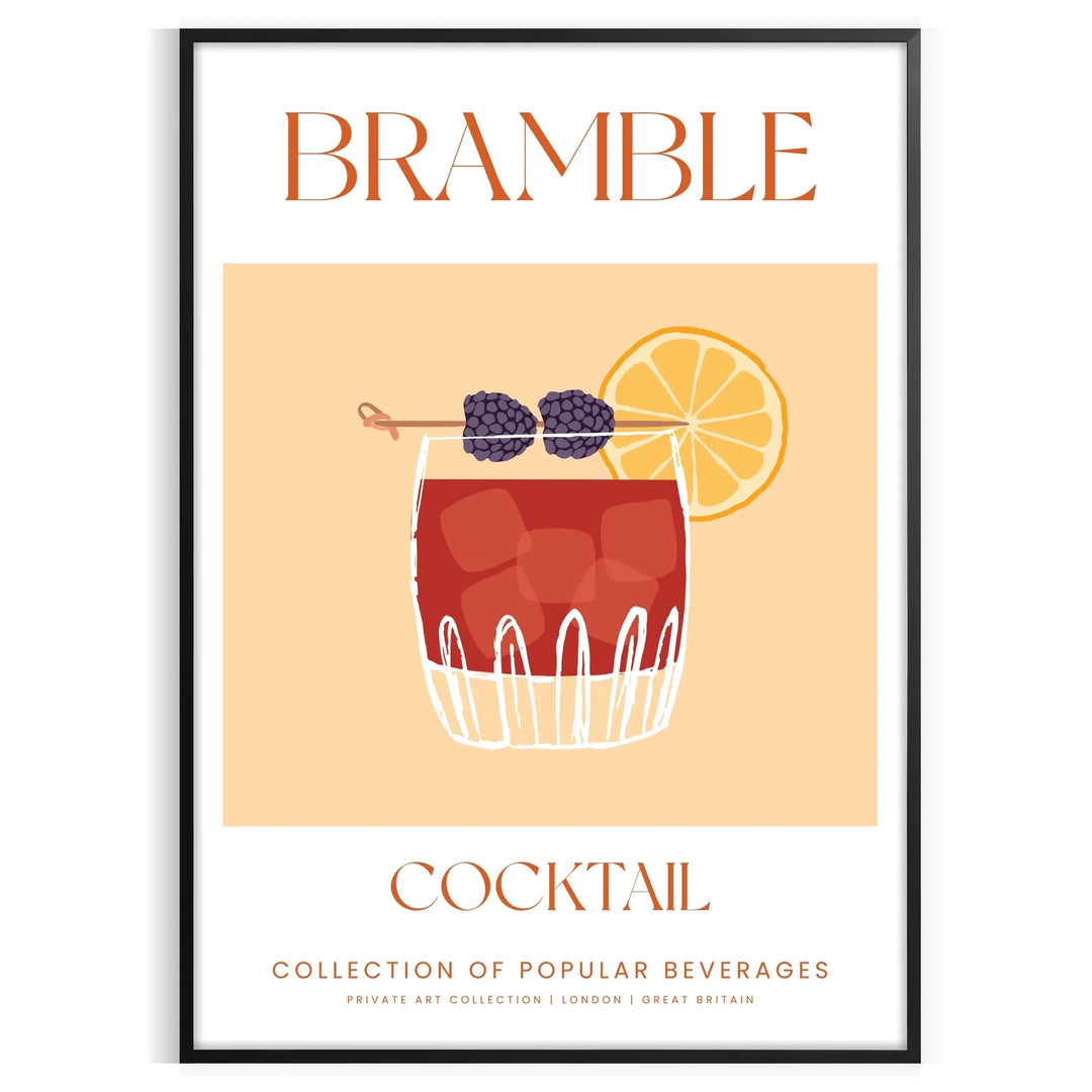 Abstract illustration of a bramble cocktail with orange and blue splashes