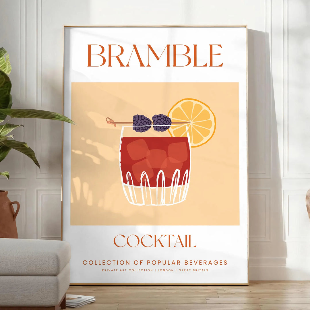 Abstract illustration of a bramble cocktail with orange and blue splashes - in a bright minimalist room with a plant and an armchair