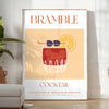 Abstract illustration of a bramble cocktail with orange and blue splashes - in a bright minimalist room with a plant and an armchair