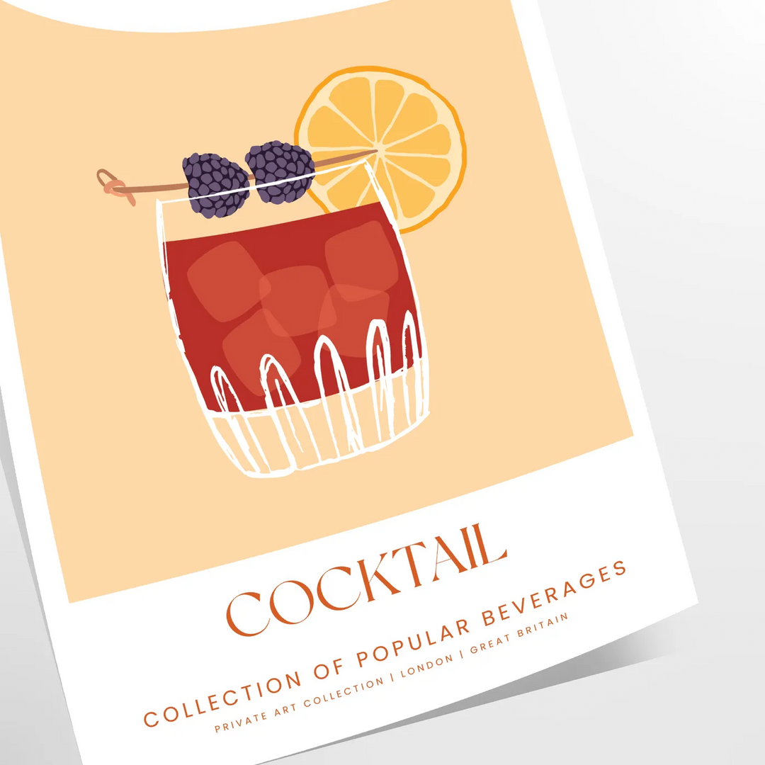 Abstract illustration of a bramble cocktail with orange and blue splashes