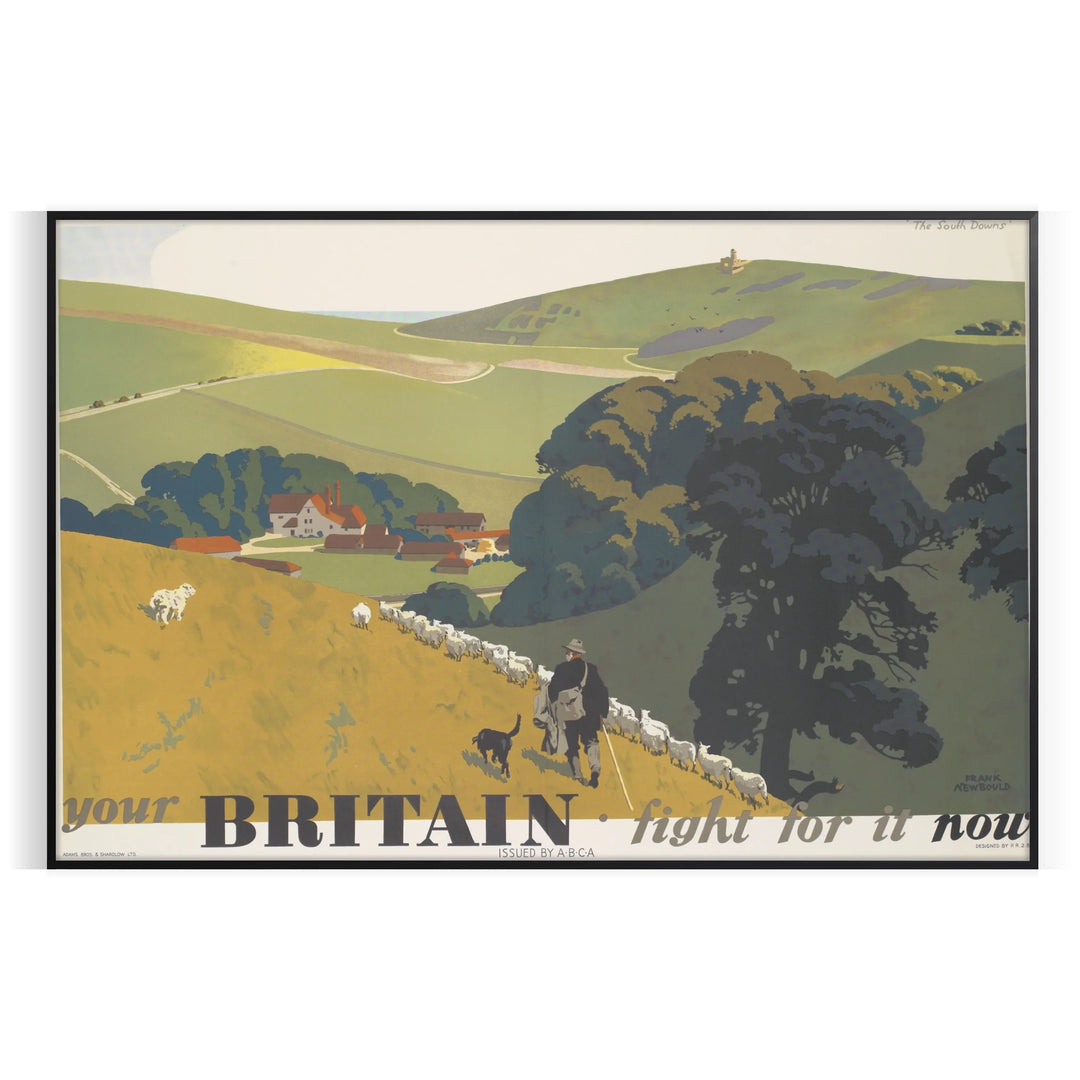 A vintage-style travel poster featuring iconic British landmarks in muted gray and green tones
