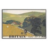 A vintage-style travel poster featuring iconic British landmarks in muted gray and green tones - in a black frame