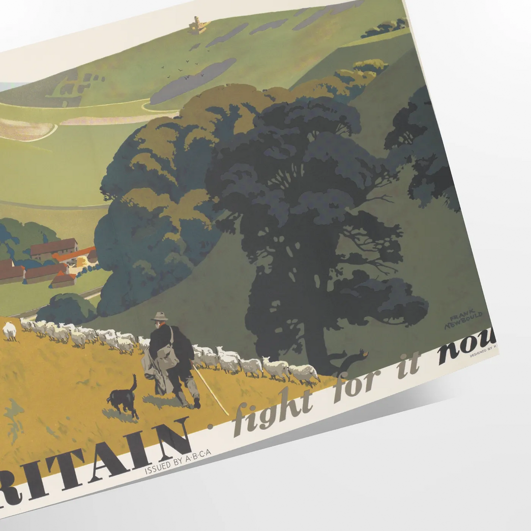 A vintage-style travel poster featuring iconic British landmarks in muted gray and green tones - as a rolled, unframed print