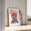 A black and orange butterfly illustration with intricate details - leaning on a herringbone floor against a white panelled wall