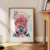 A black and orange butterfly illustration with intricate details - beside a round wooden side table with books