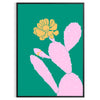 A whimsical illustration of a cactus with animal features in green and blue tones - in a black frame