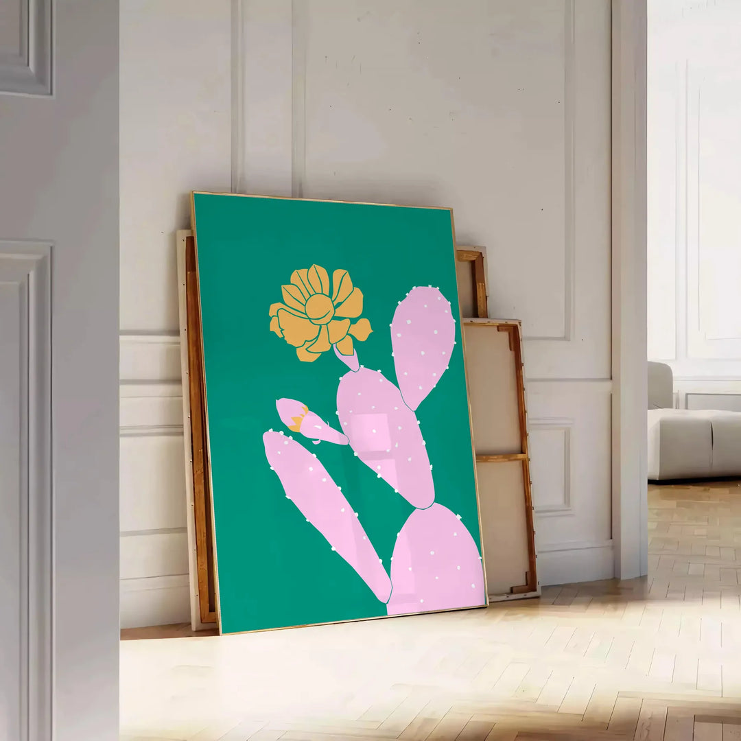 A whimsical illustration of a cactus with animal features in green and blue tones - leaning on a herringbone floor against a white panelled wall