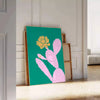 A whimsical illustration of a cactus with animal features in green and blue tones - leaning on a herringbone floor against a white panelled wall