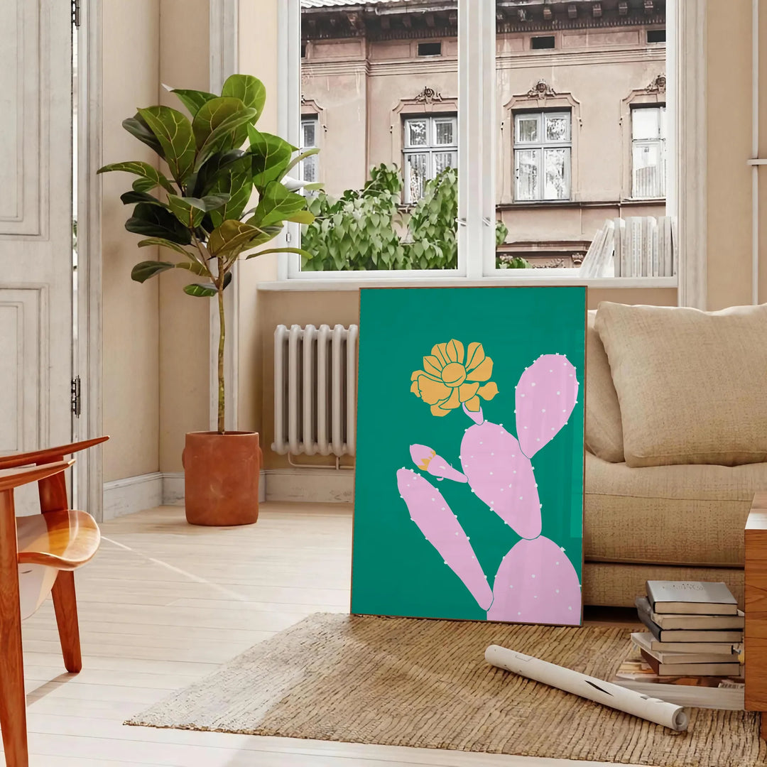 A whimsical illustration of a cactus with animal features in green and blue tones - in a Parisian living room with a sofa and a fig plant