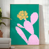 A whimsical illustration of a cactus with animal features in green and blue tones - in a bright minimalist room with a plant and an armchair