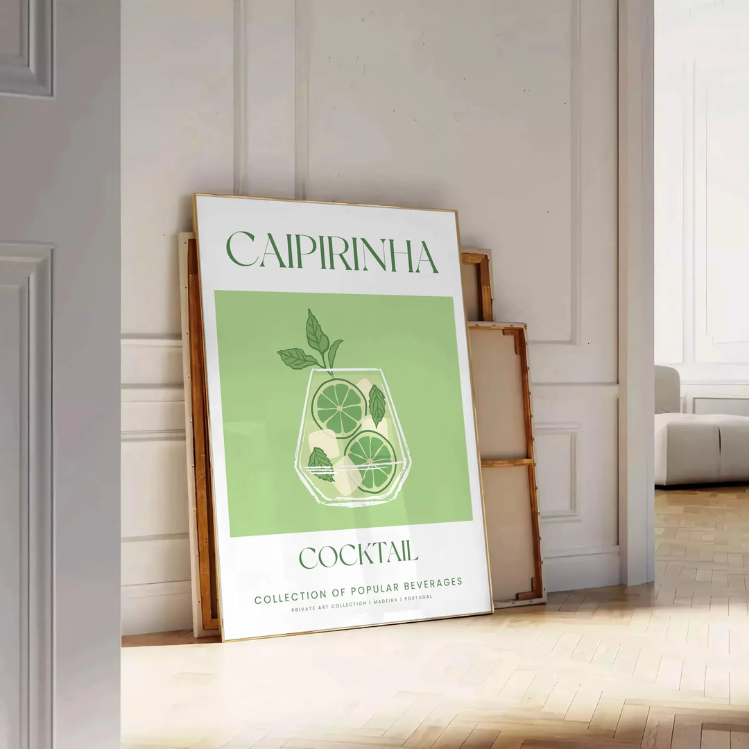 Un'illustrazione colorata di un cocktail caipirinha con tonalità verdi e bianche - appoggiato su un pavimento a spina di pesce contro una parete a pannelli