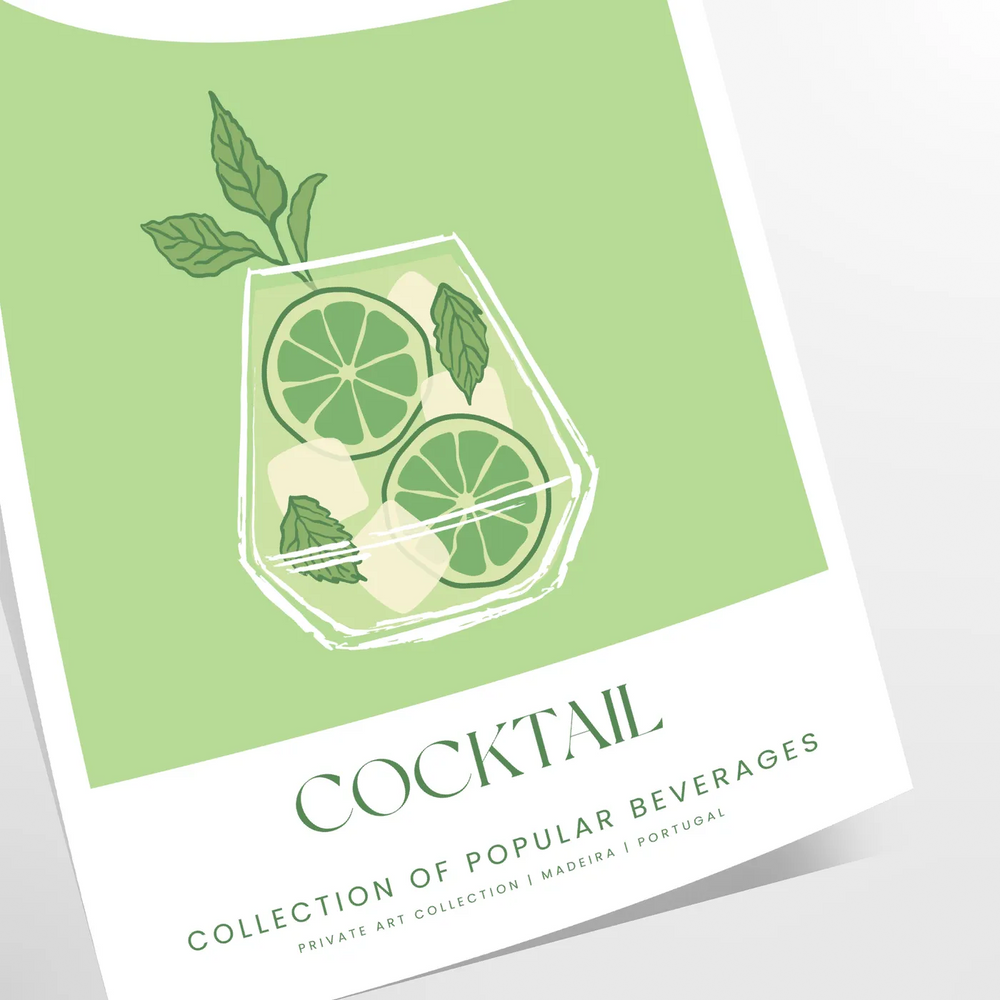 A colorful illustration of a caipirinha cocktail with green and white tones