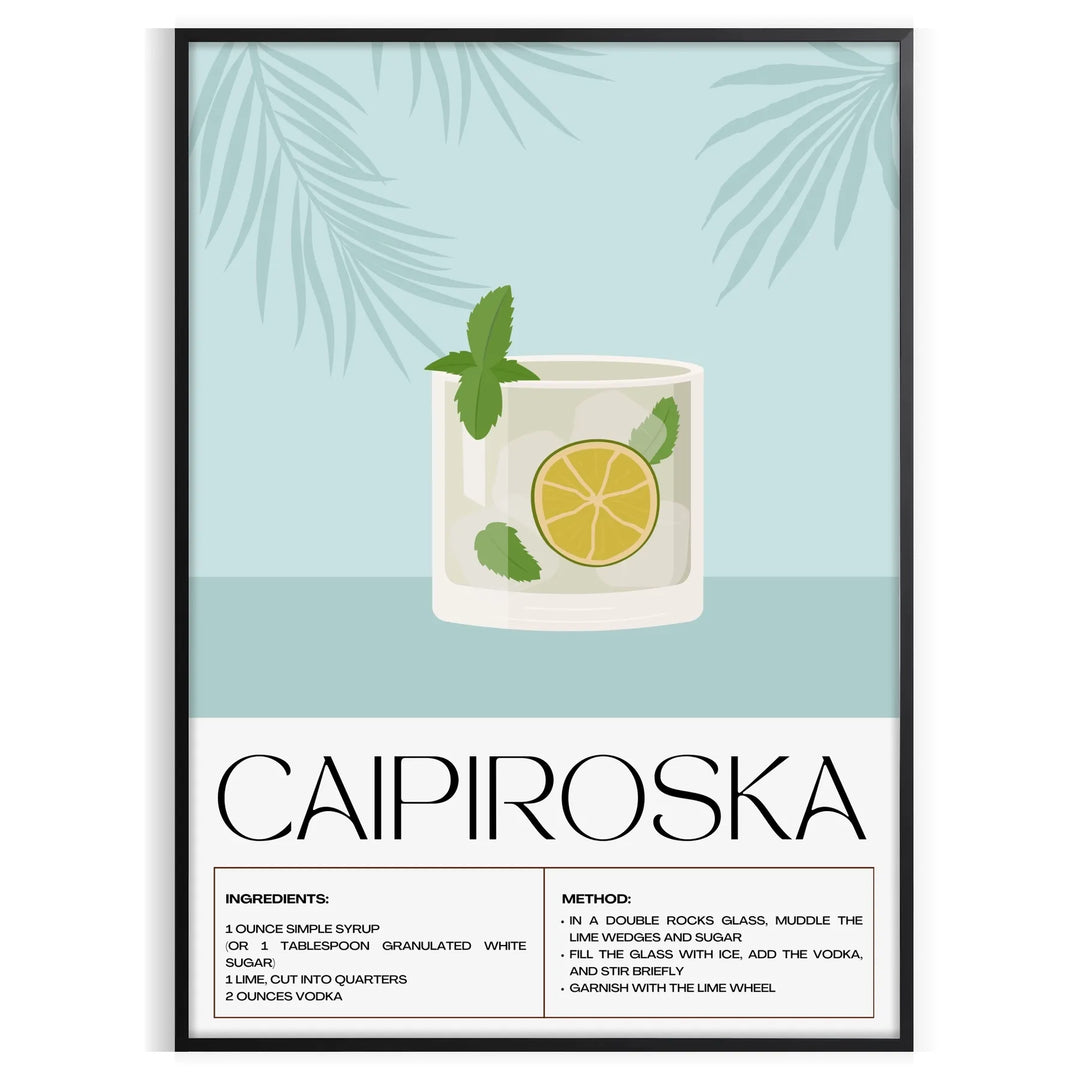 A Caipiroska cocktail in a glass on a black background with green accents