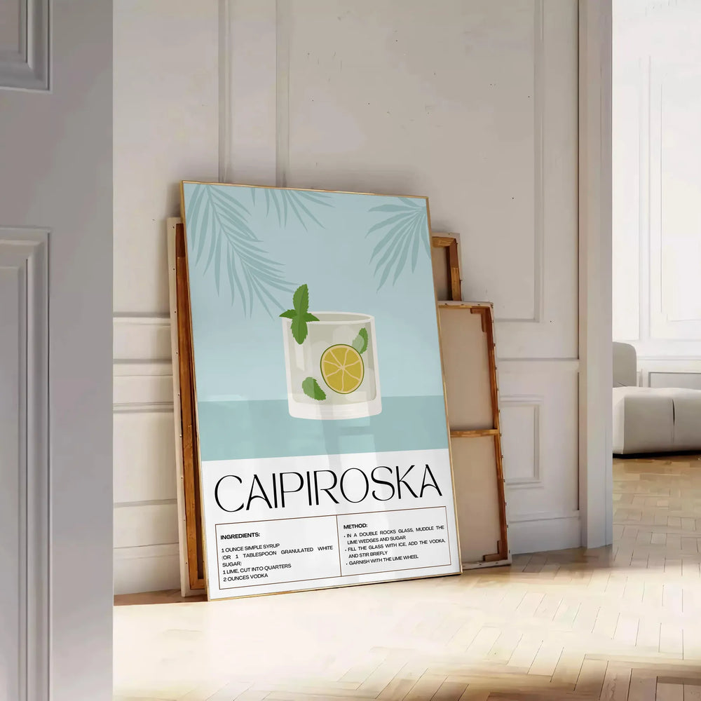 A Caipiroska cocktail in a glass on a black background with green accents