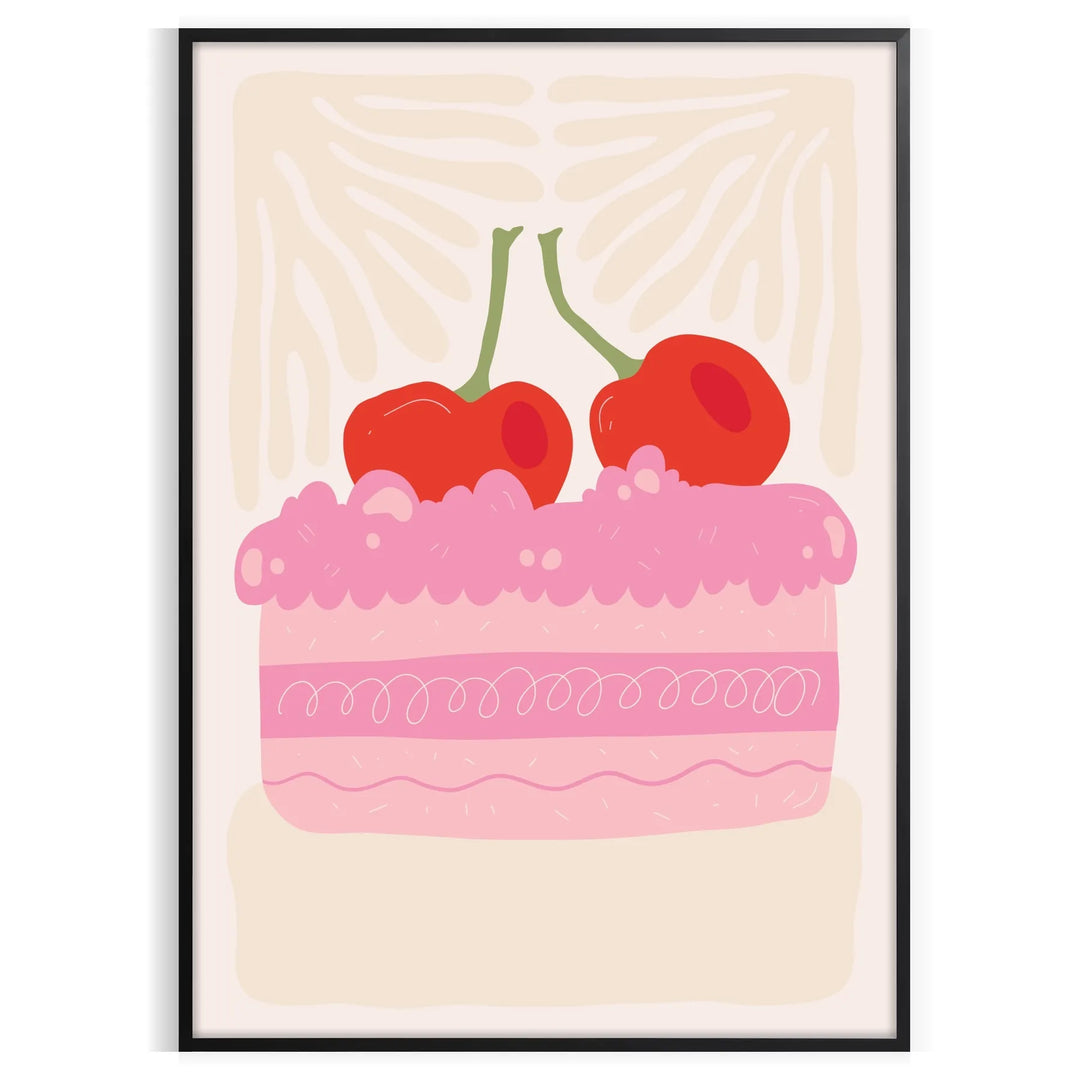 A colorful illustration of a cherry cake on a green background