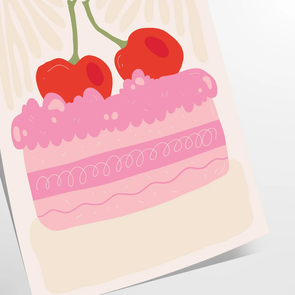 A colorful illustration of a cherry cake on a green background