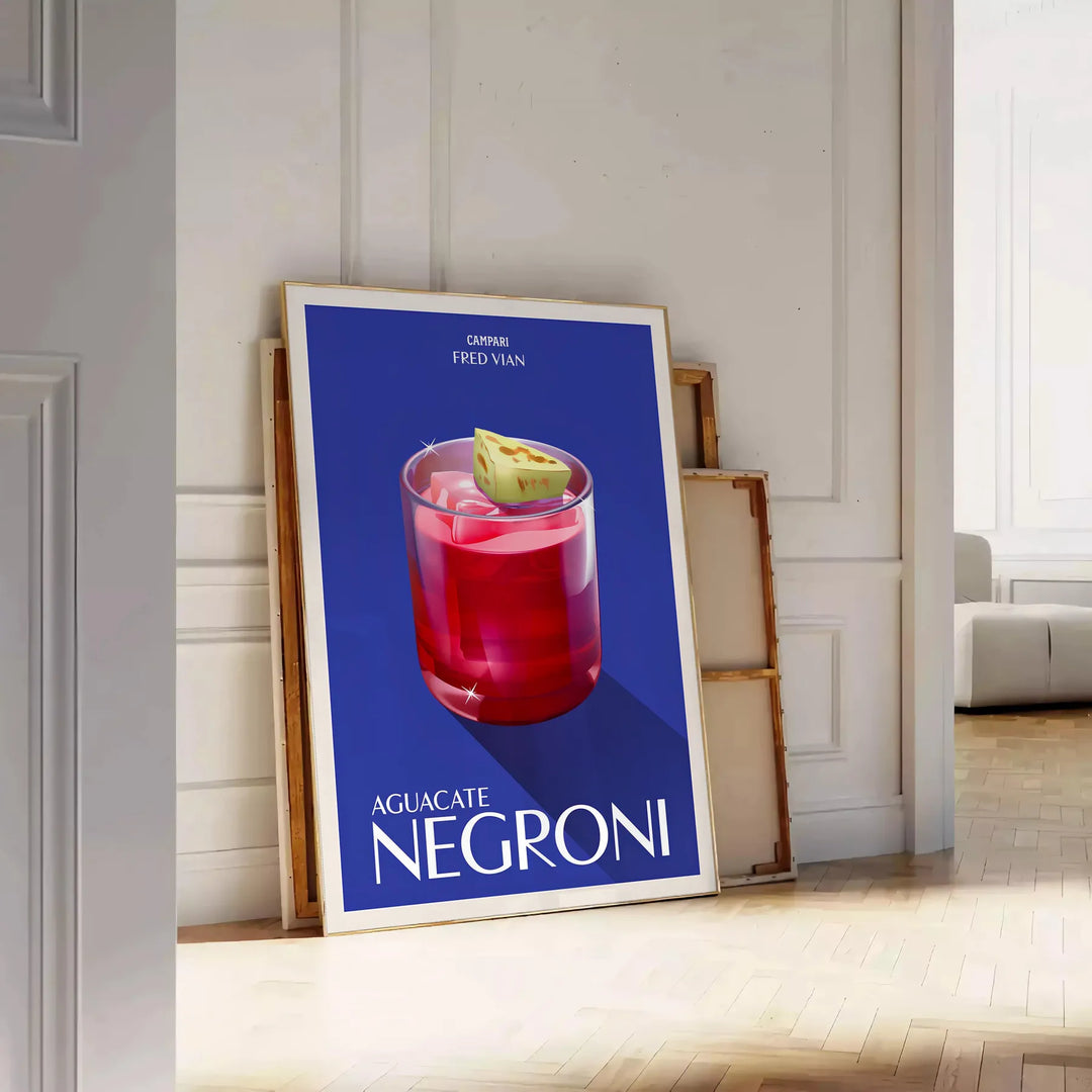 Illustrazione di un cocktail Campari Negroni in ricchi toni di marrone e verde - appoggiato su un pavimento a spina di pesce contro una parete a pannelli