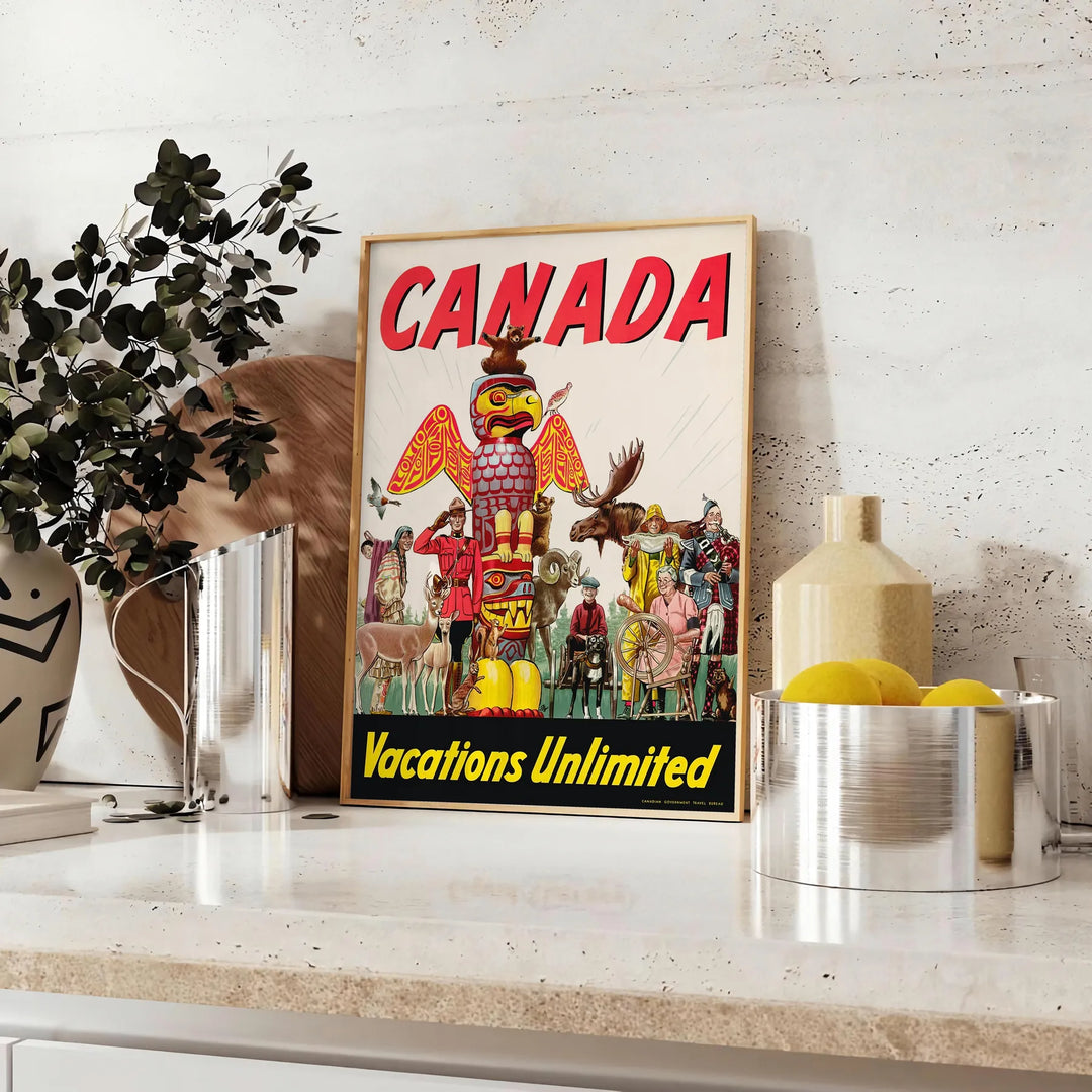 Illustration of a scenic Canadian landscape with orange and black tones - styled on a counter with eucalyptus and a bowl of lemons
