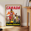 Illustration of a scenic Canadian landscape with orange and black tones - beside a round wooden side table with books