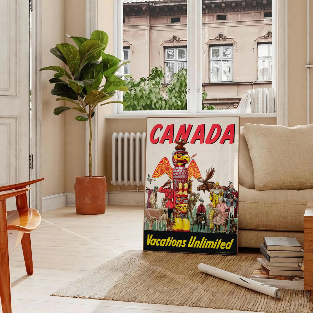 Illustration of a scenic Canadian landscape with orange and black tones - in a Parisian living room with a sofa and a fig plant
