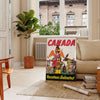 Illustration of a scenic Canadian landscape with orange and black tones - in a Parisian living room with a sofa and a fig plant