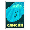 Illustration of Cancun's beaches with lush greens and deep blues - in a black frame