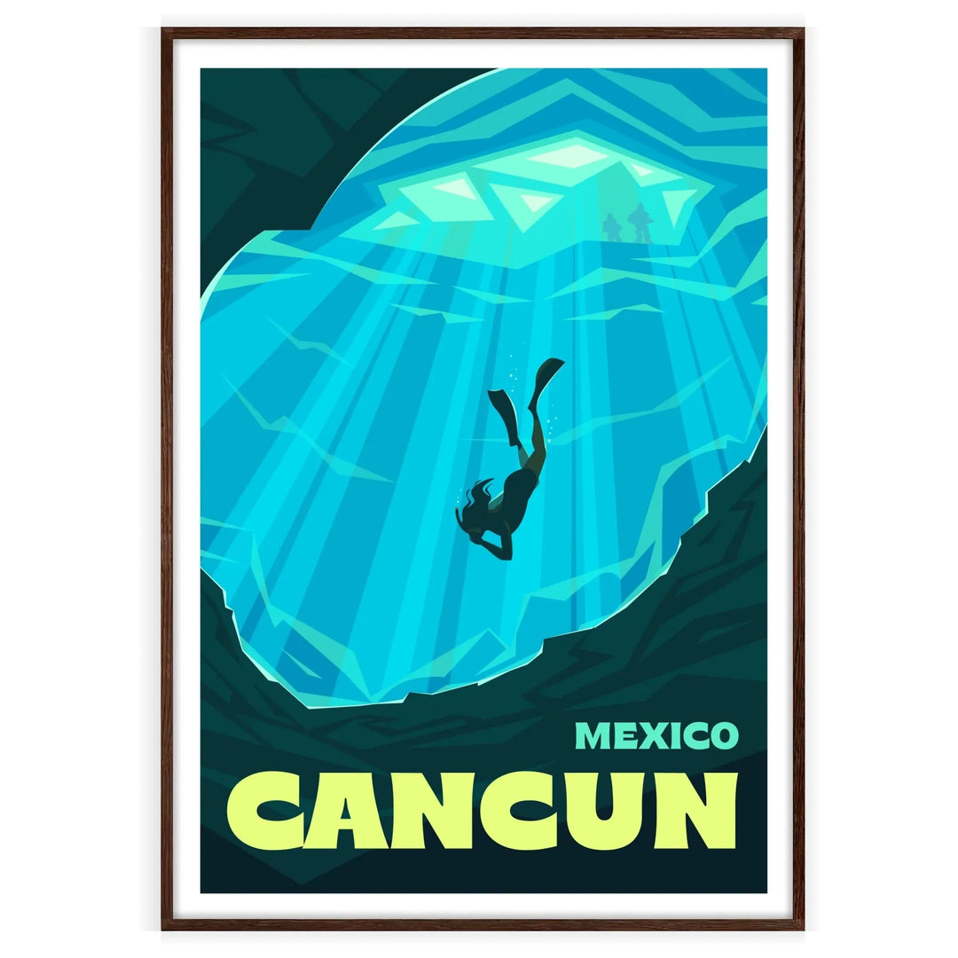 Illustration of Cancun's beaches with lush greens and deep blues - in a walnut frame