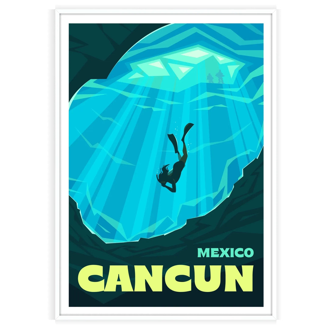 Illustration of Cancun's beaches with lush greens and deep blues - in a white frame