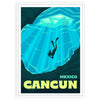 Illustration of Cancun's beaches with lush greens and deep blues - in a white frame