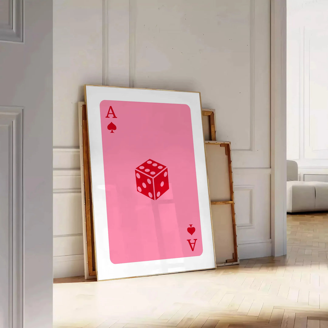 Colorful pop art style card design with bold orange and pink hues - leaning on a herringbone floor against a white panelled wall