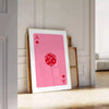 Colorful pop art style card design with bold orange and pink hues - leaning on a herringbone floor against a white panelled wall