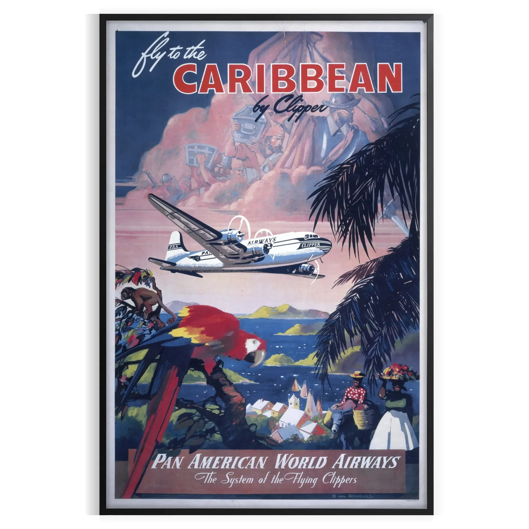 Illustration of a Caribbean American World Airways plane over tropical scenery