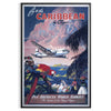 Ilustración de un avión de Caribbean American World Airways sobre un paisaje tropical - en un marco negro
