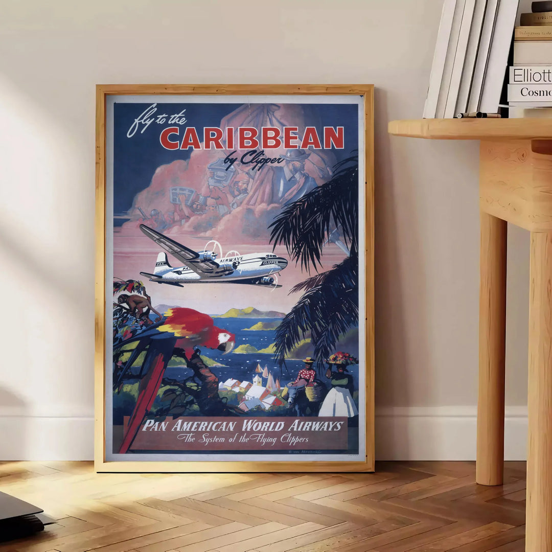 Ilustración de un avión de Caribbean American World Airways sobre un paisaje tropical - junto a una mesa auxiliar redonda de madera con libros