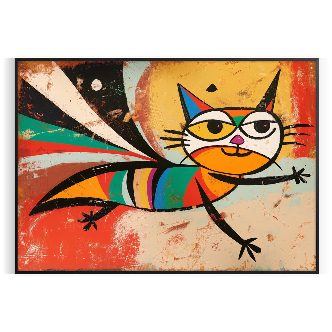 A whimsical cat in space, featuring green and orange colors