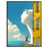 A cat gazing into space with green and blue hues - in a black frame