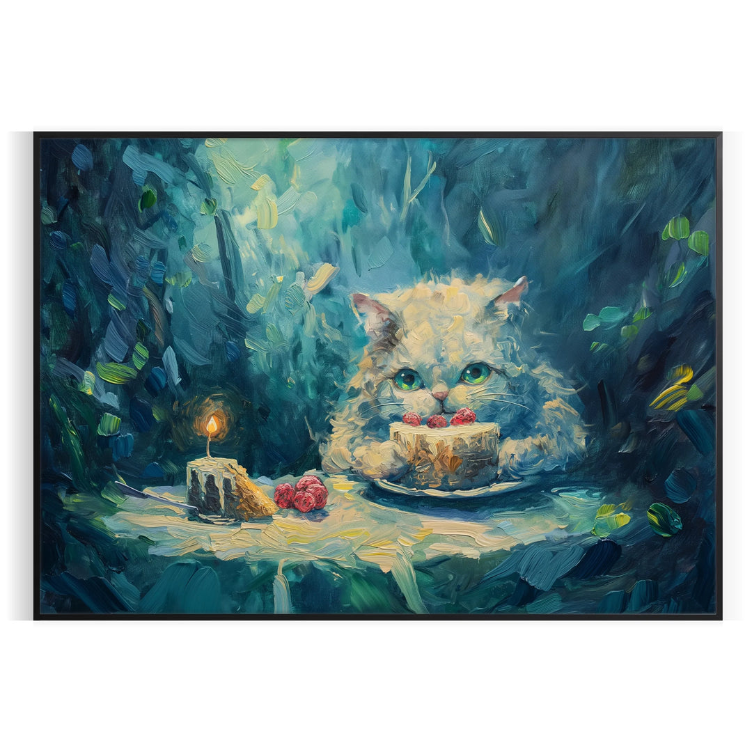 A whimsical cat floating in space with green and blue hues