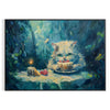 A whimsical cat floating in space with green and blue hues - in a black frame