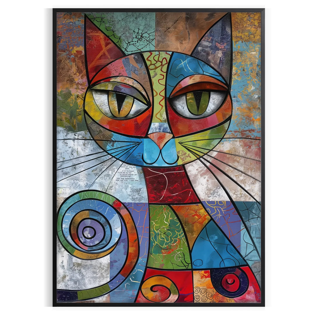 A playful cat illustration in gray and green tones