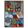 A playful cat illustration in gray and green tones - in a black frame