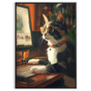 A whimsical cat illustration with green and brown tones, featuring a cosmic background - in a black frame