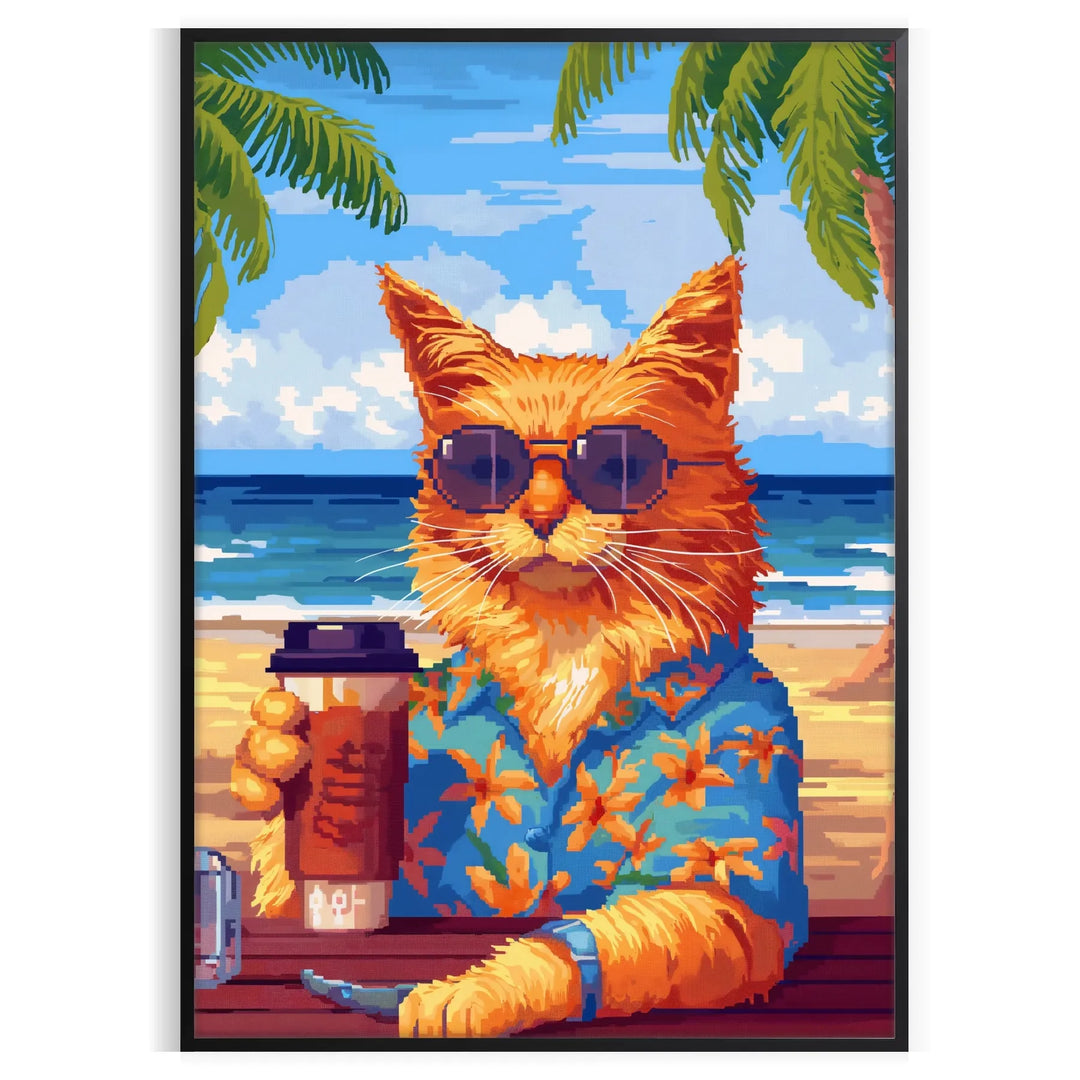 A whimsical illustration of cats enjoying cocktails in a lush green jungle setting