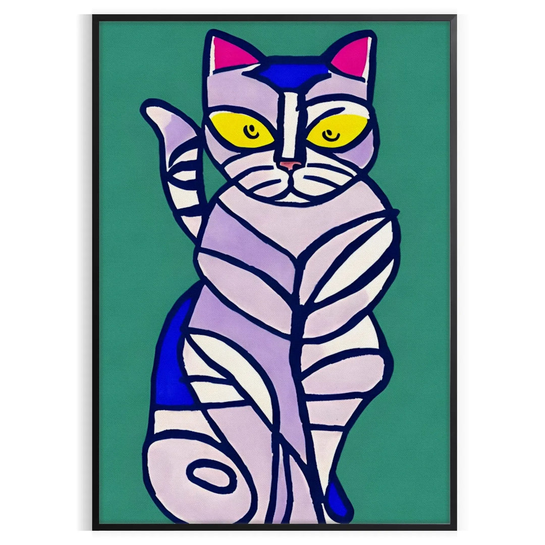 A modern art depiction of a cat in abstract shapes with green and blue tones