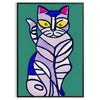 A modern art depiction of a cat in abstract shapes with green and blue tones - in a black frame