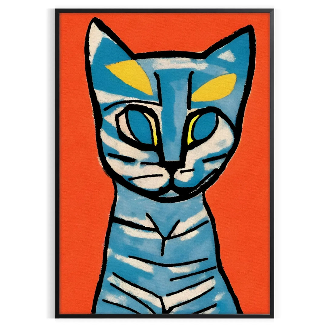 A modern art print featuring a stylized cat in blue and brown tones