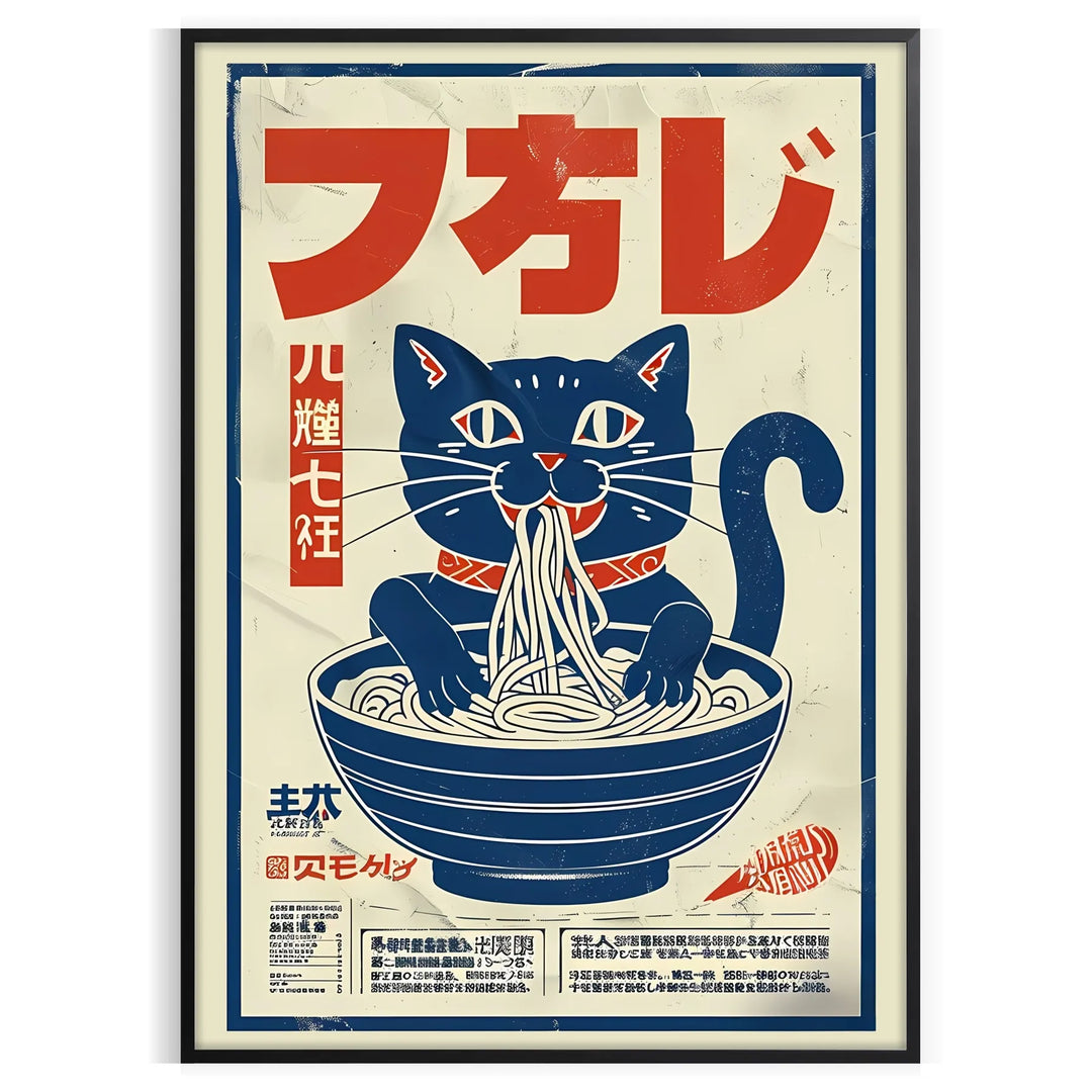 Illustration of cats cooking ramen in a kitchen, featuring blue and gray tones